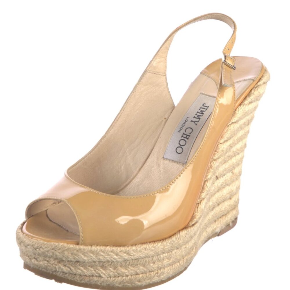 JIMMY CHOO Patent Nude Wedge Espadrille peep toe